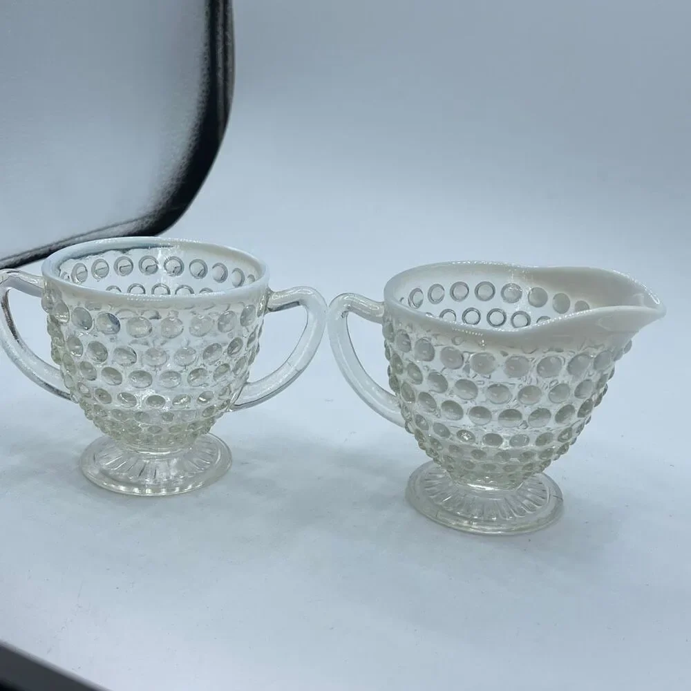 Vintage Anchor Hoking Moonstone Opalescent Hobnail Glass creamer & sugar